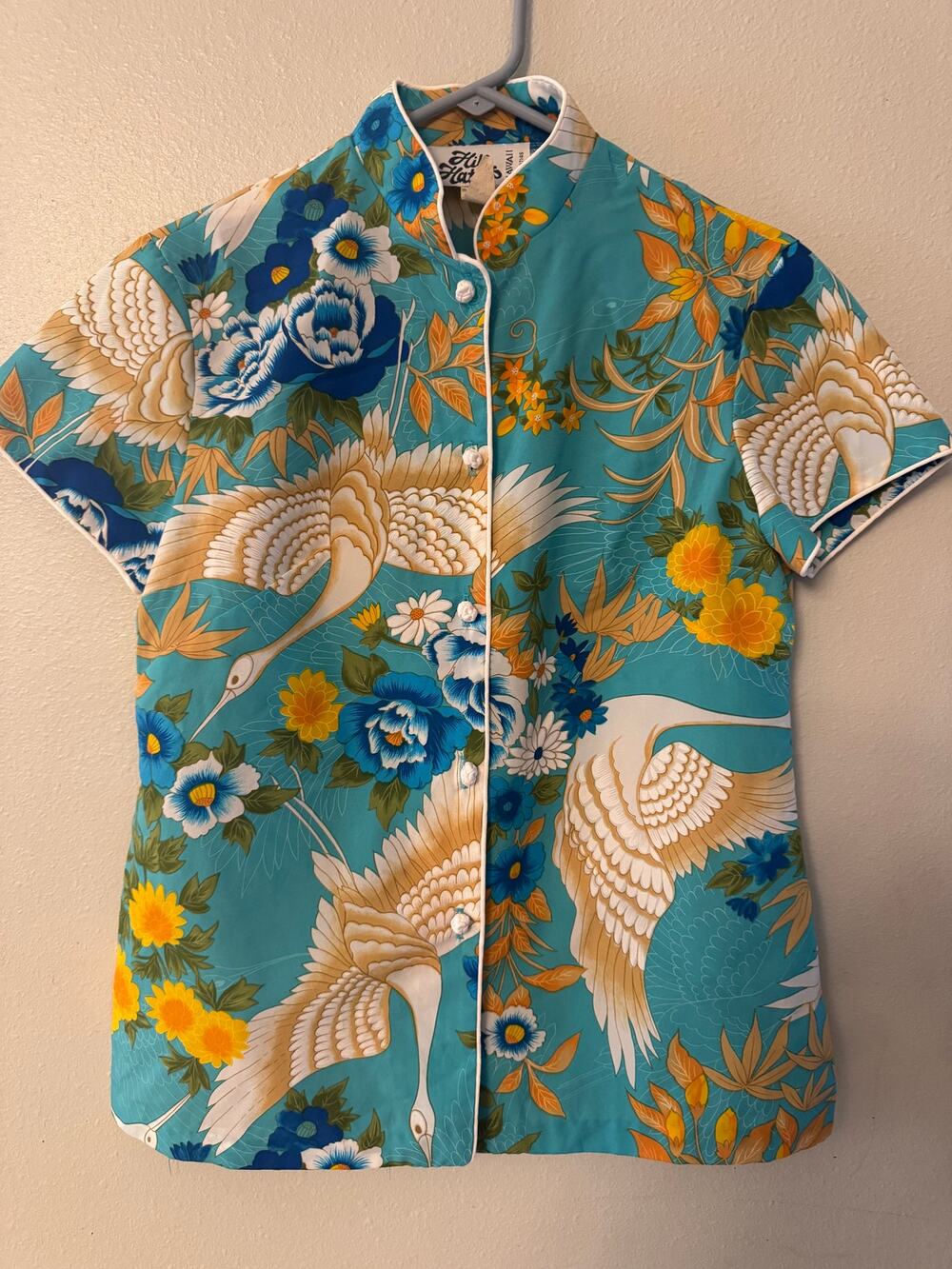 Hilo hattie vintage women's turquoise hawaiian button up cranes florals yellow